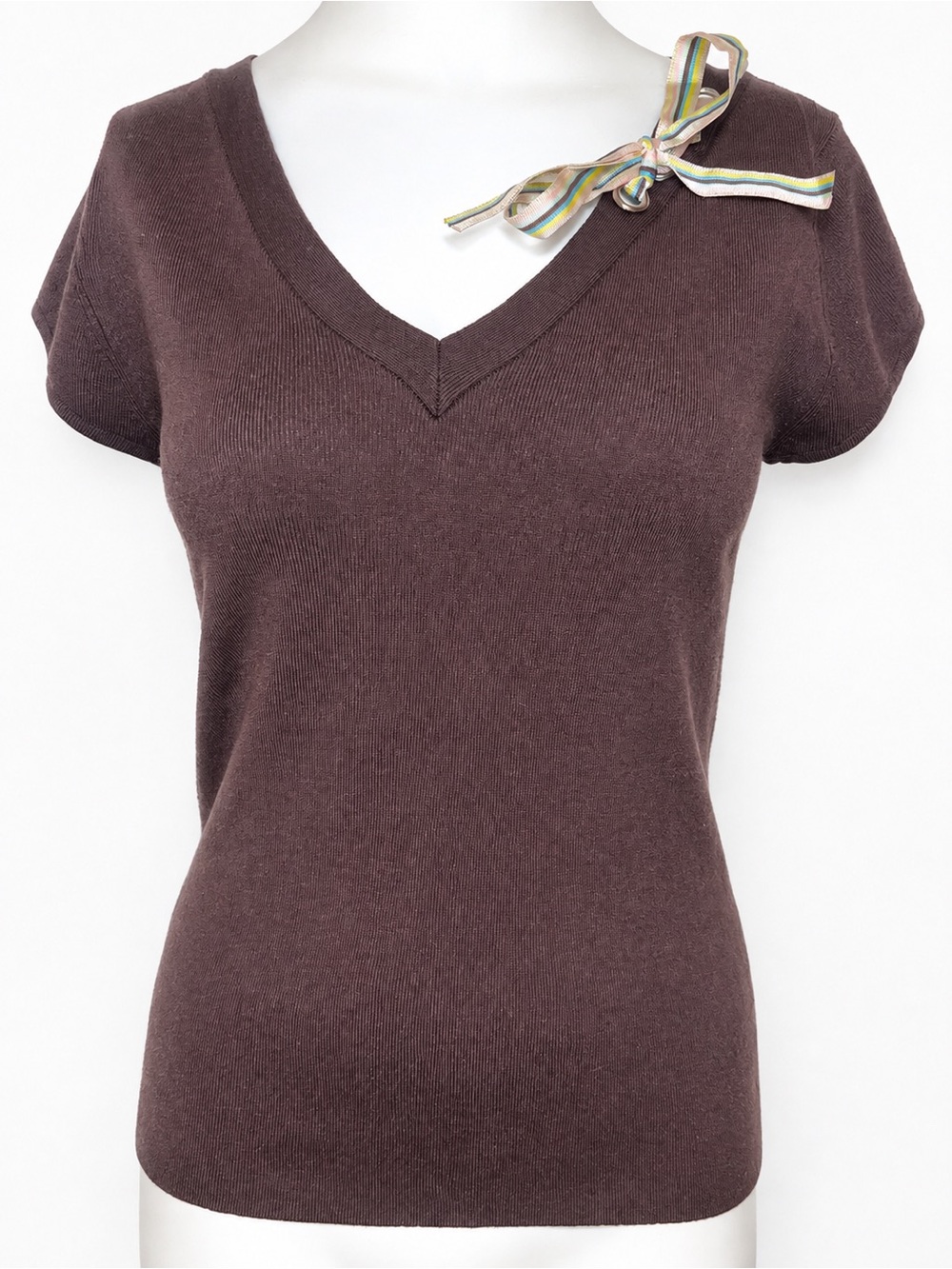 Artisan 75% Silk Brown Ribbed Knit V-Neck Top Size L